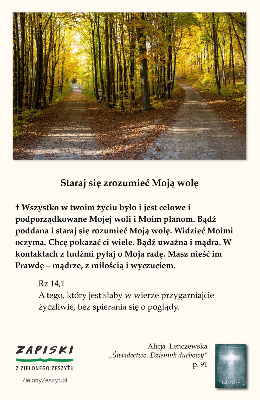 Alicja Lenczewska, „Świadectwo. Dziennik duchowy”, p. 91 (Staraj się zrozumieć Moją wolę)